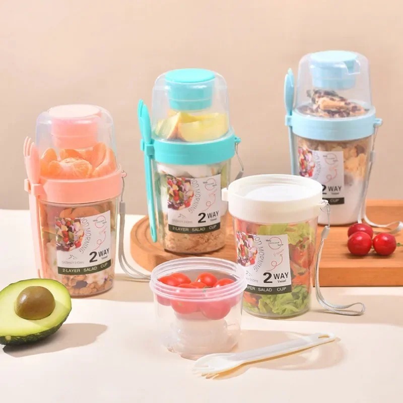 Salad Container Jar - Cangkir Salad Portabel, Cangkir Oatmeal Ganda,